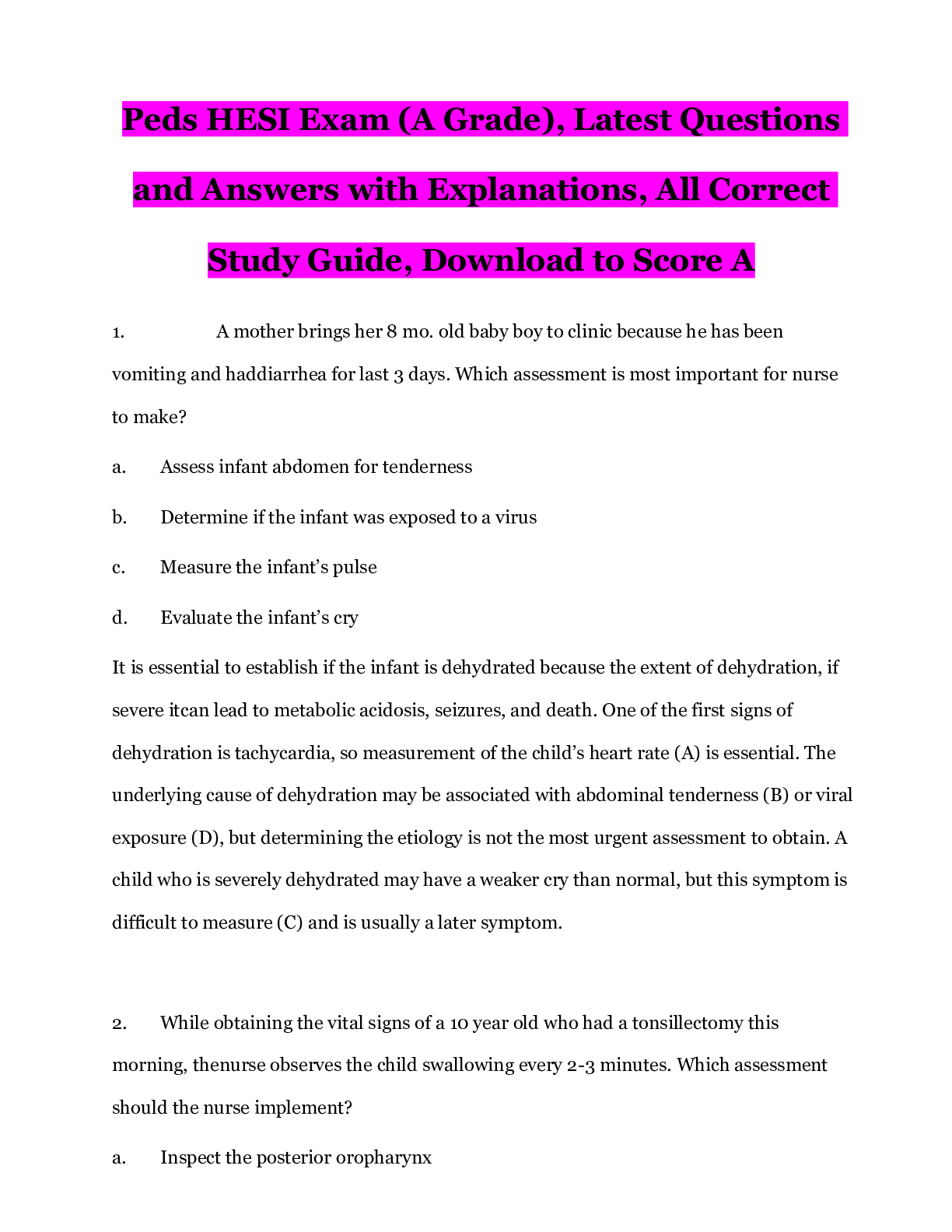 Peds HESI Exam | Latest Questions and Answers Compilation with Explanations, All Correct Study Guide